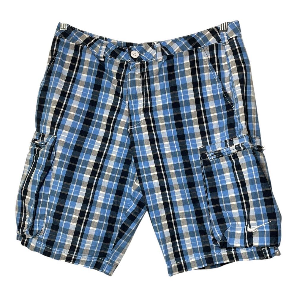 Nike The Athletic Dept Mens Plaid Shorts Cargo Blue Size Medium 100% Cotton